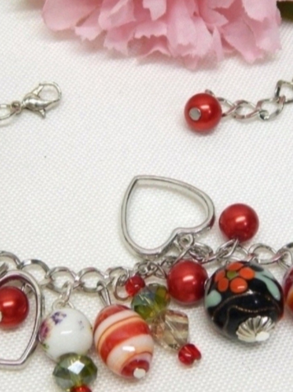 Silvertone Ceramic & Faux Pearl Charm Bracelet